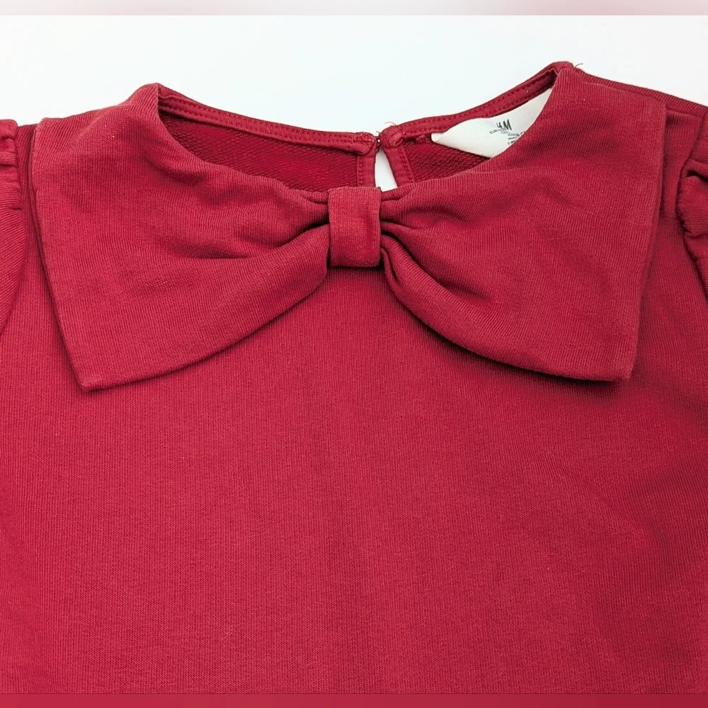 H&M Girls' (Size 4-6) Dark Red Ruffled Hem Sweatshirt Dress w/Large Bow Accent - Picture 8 of 16